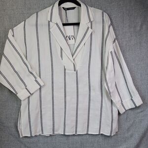 Zara Womens Tunic Blouse White With Black Stripes Oversized Large New Whit Tag